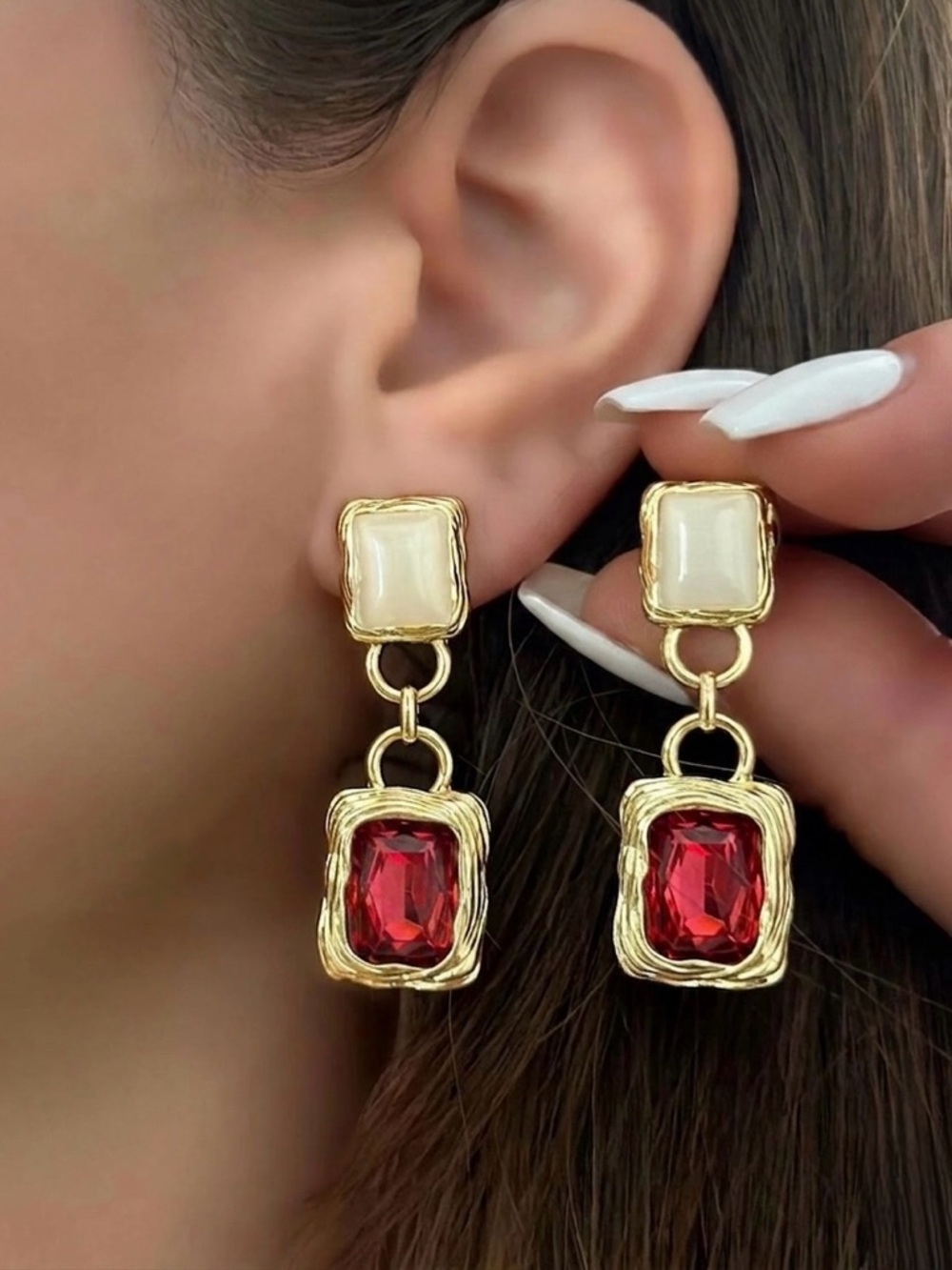 Stunning Red Austrian Crystal 14K Gold Plated Geometric Drop Earrings Limited